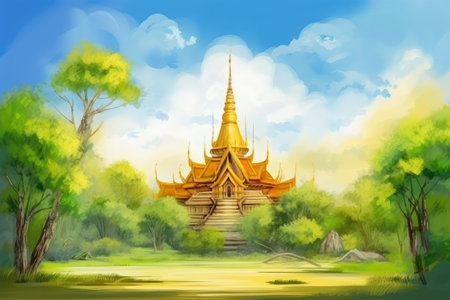 Temple in Thailand. Watercolor painting style. Vector illustration.の素材