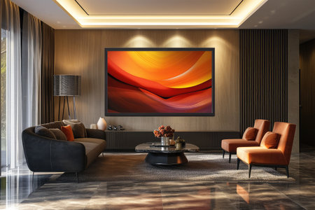 Interior of modern living room with brown walls, carpeted floor, comfortable armchairs and a TV on the wall. 3d renderingの素材