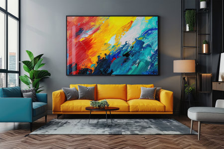 Interior of modern living room with gray walls, wooden floor, yellow sofa and black coffee table. 3d renderingの素材