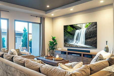Interior of a living room with a view on a waterfall and a tv setの素材
