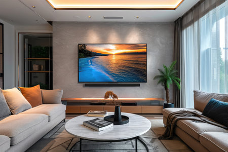 Luxury living room with tv on the wall. 3d renderingの素材