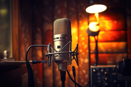 Professional microphone on the stage in recording studio. Music recording equipment.の素材
