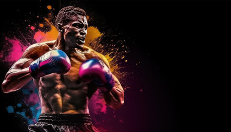 Portrait of young african american boxer with boxing gloves on black backgroundの素材