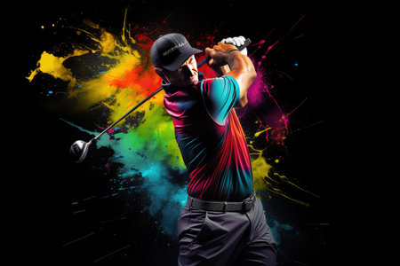 Golfer hitting a shot with a club on a black background with colorful splashesの素材