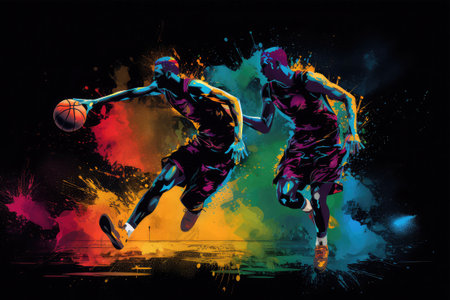 basketball player in action with ball on abstract color background, sport illustrationの素材