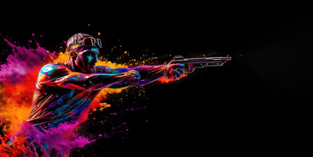 Superhero with a gun on a black background with colored splashesの素材