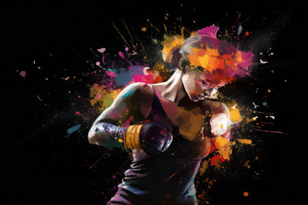 Image of young woman boxer in boxing gloves against color splashes backgroundの素材