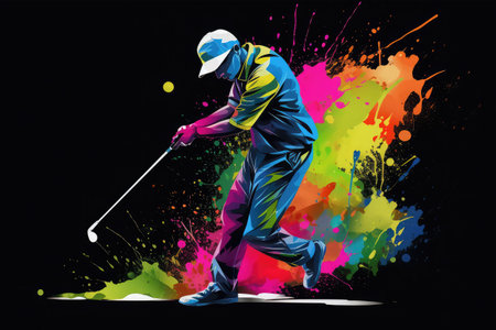 Golf player in action on colorful splashes background. Vector illustration.の素材