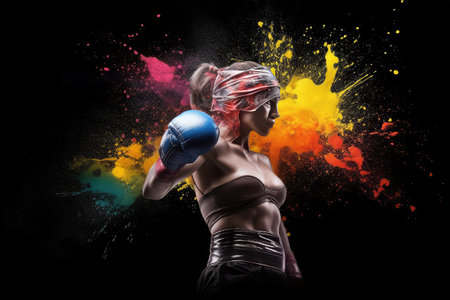 Young woman boxing with colorful splashes on black background. Mixed mediaの素材