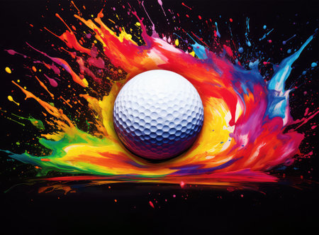 Golf ball in colorful paint splashes isolated on black background.の素材