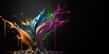 3d render of colorful paint splashes isolated on black background.の素材