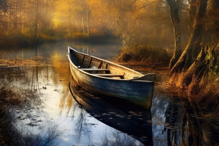 Boat on the lake in the autumn forest. Nature composition.の素材