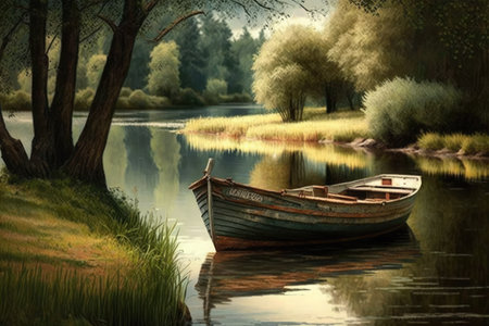 Wooden boat on the lake in the forest. Digital painting.の素材
