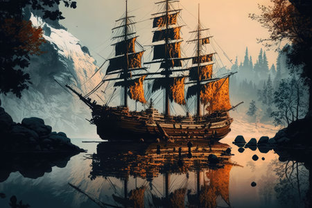 Fantasy landscape with a pirate ship in the sea. 3D renderingの素材