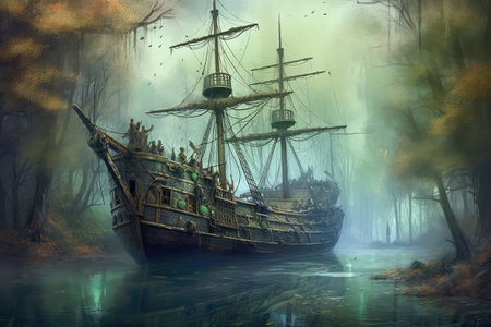 Pirate ship in the autumn forest. Digital painting on canvas.の素材