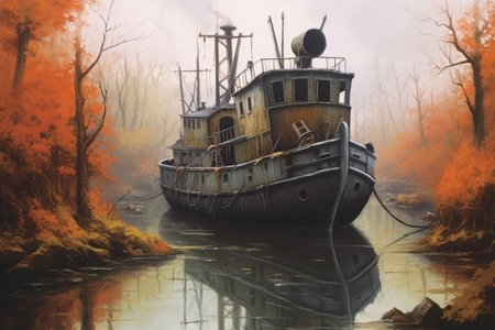 Abandoned boat in a foggy autumn forest. Digital painting.の素材