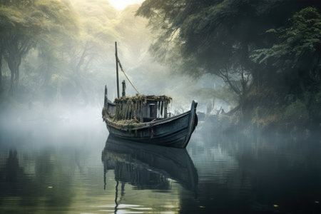 Fishing boat on the lake in foggy morning, Dalat, Vietnamの素材