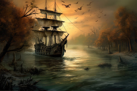 Digital painting of a sailboat on the river at sunset, fantasy illustrationの素材