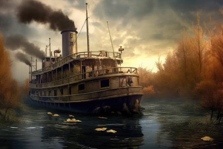 Abandoned ship on the river in autumn. 3d renderの素材