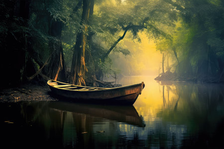 Old wooden boat on the lake in misty forest, Thailand.の素材