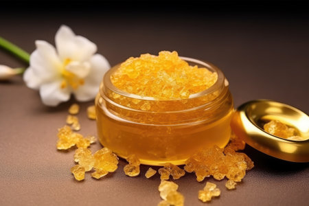 Organic cosmetics with bath salt and flower on a brown background.の素材