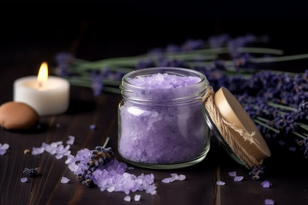 Spa still life with lavender, sea salt and candle on wooden backgroundの素材