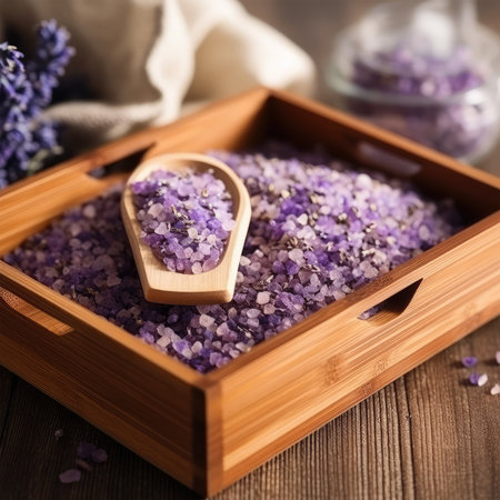 Lavender bath salt in a wooden box on a wooden backgroundの素材