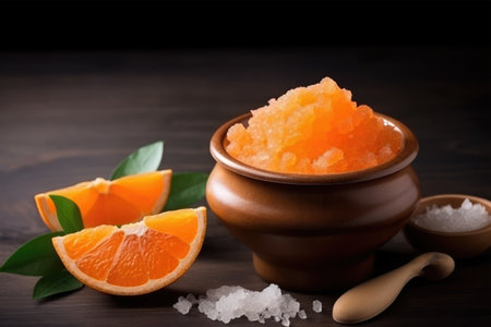 Orange bath salt in bowl and fresh orange on wooden background. Selective focus.の素材