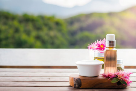 Spa and wellness setting with flower on wooden table and mountain view backgroundの素材