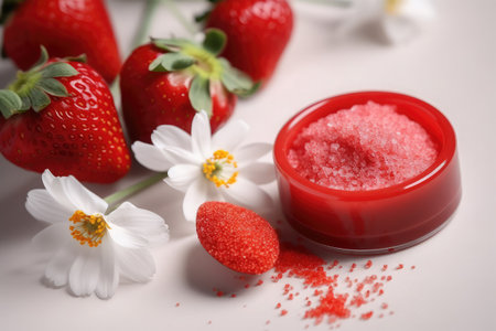 Strawberry, daisy flowers and red bath salt on white backgroundの素材