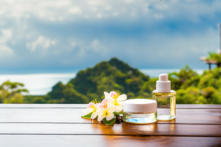 Essential oil in bottle on wooden table with sea view background.の素材