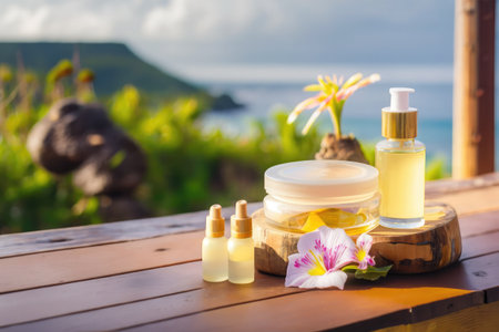 Cosmetics and flowers on wooden table on the background of the seaの素材