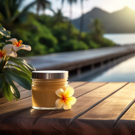 Cosmetic cream in glass jar with tropical flowers on wooden table and palm trees on background.の素材