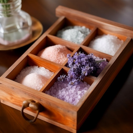 Bath salt and lavender in a wooden box, close upの素材