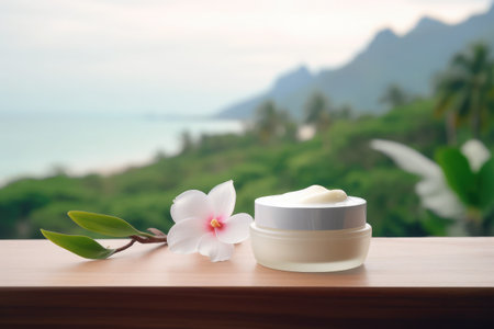 Jar of moisturizing cream on wooden table and blurred tropical background.の素材