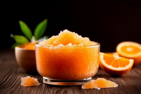 Orange bath salt in glass bowl on wooden background. Selective focus.の素材