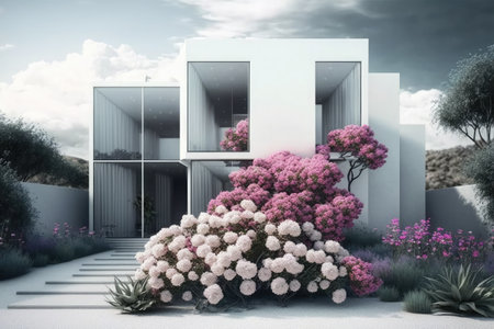 3d rendering of a modern house with a lot of flowers.の素材