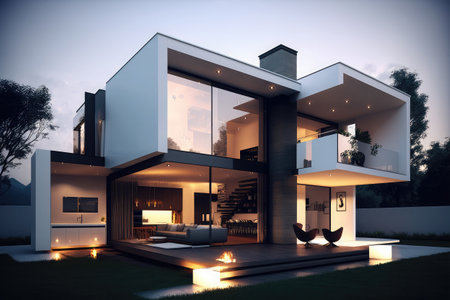 3d rendering of modern cozy house with pool and parking for sale or rent in luxurious style and beautiful landscaping on background. Clear summer night with cozy light from window.の素材