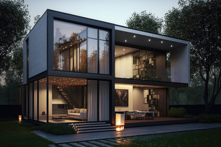3d rendering of modern cozy house with garage and pool for sale or rent with beautiful landscaping on background. Clear summer night with golden light.の素材