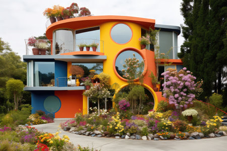 Colorful modern house in the garden with flowers in the foreground.の素材