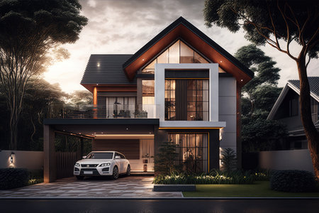 3d rendering of modern cozy house with garage and pool for sale or rent. Black car parked in front of the house.の素材