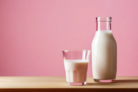 bottle and glass of milk on wooden table over pink background.の素材