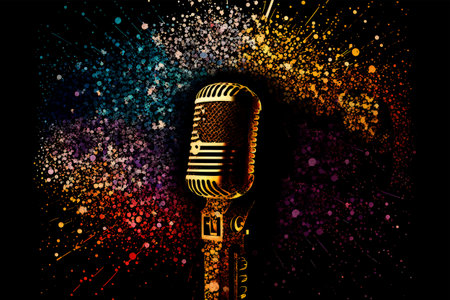 Microphone on abstract colorful background. Music and karaoke conceptの素材