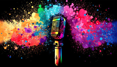 Microphone with colorful splashes on black background, vector illustration.の素材
