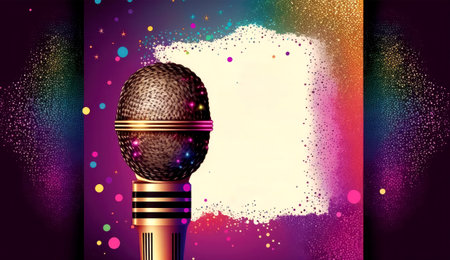 Illustration of a microphone on a colorful background with confetti.の素材