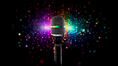 Microphone on stage with colorful bokeh background. Music conceptの素材