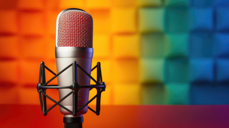 Microphone on a stand on a multicolored background with copy spaceの素材