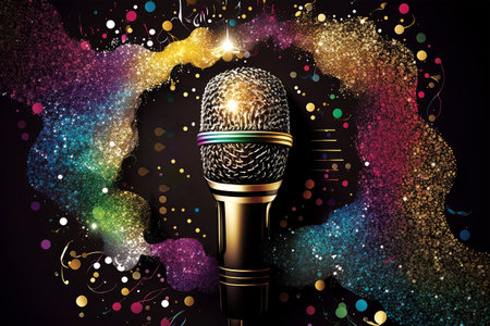 Microphone with colorful particles and stream of confetti on black backgroundの素材
