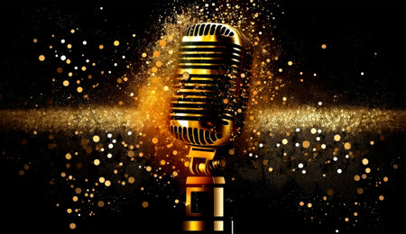 3d illustration of microphone over black background with golden bokehの素材
