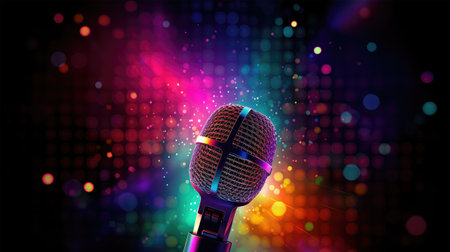 Microphone on stage with colorful bokeh background, 3d illustrationの素材